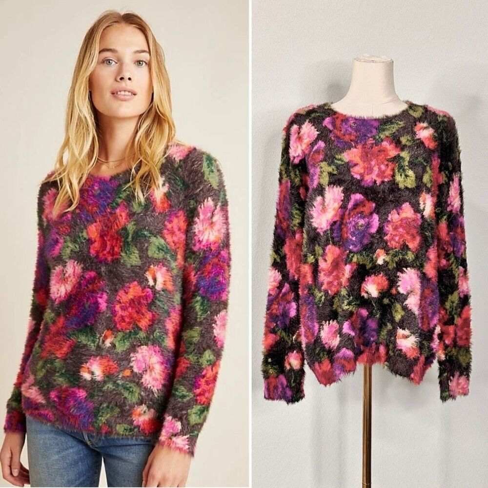 Anthropologie Ariel Fuzzy Eyelash Floral Sweater Sz M Cottagecore Boho